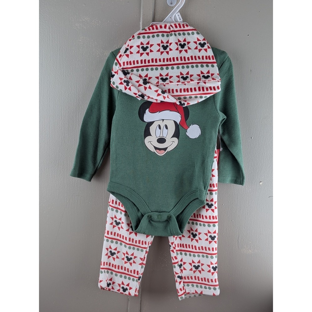 Disney Mickey Mouse Christmas Baby Outfit Set Bodysuit Pants Hat 6-9M Green Red
